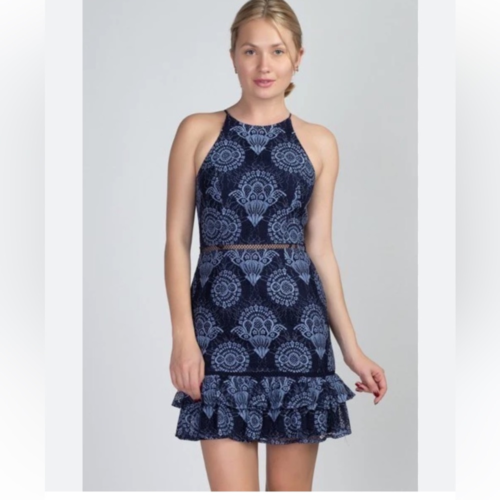 Minuet Navy Lace Ruffle Mini Dress | S